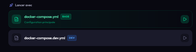 Sélecteur de fichiers Docker Compose avec configurations BASE et DEV