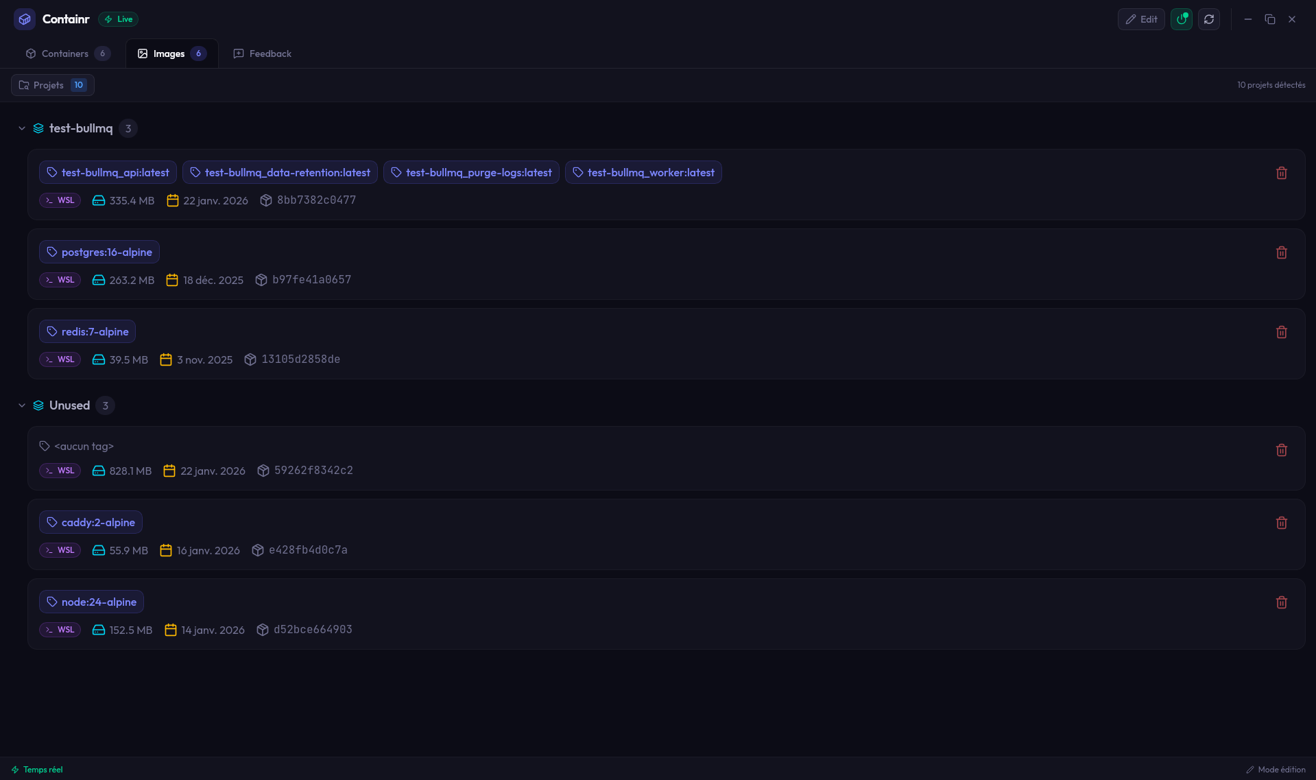 Liste des images Docker organisées par projet