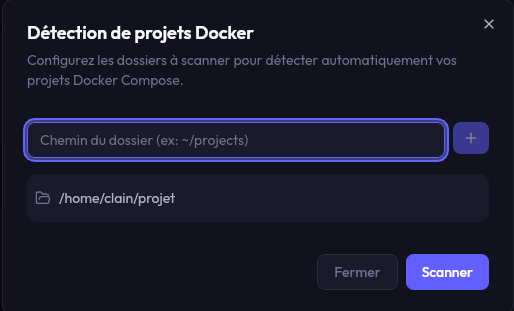 Modal de détection automatique des projets Docker Compose
